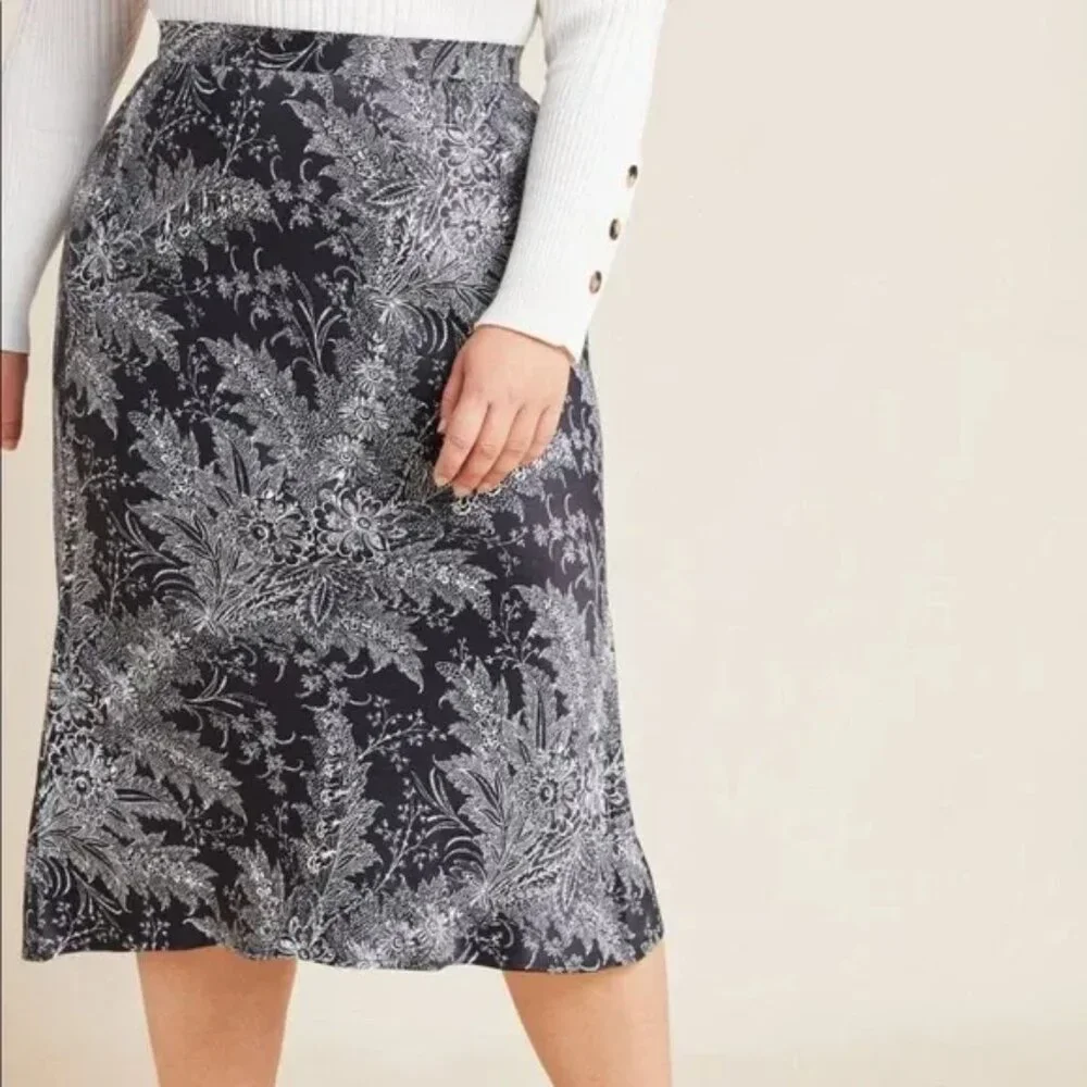 Anthropologie Black & White Bias Paisley Satin Midi Skirt 12P‎ Whimsigoth